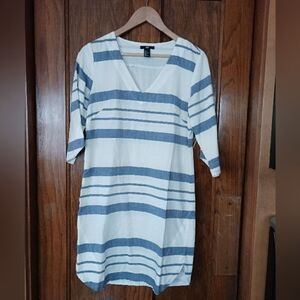 H&M Cotton Striped Beach Dress V Neck Ivory and Blue
